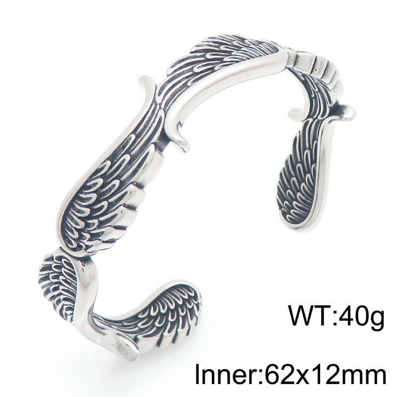 Kemstone Viking Raven Celtic Knot Feather Cuff Bracelet – Titanium Steel Open Bangle for Men KB209301-LU