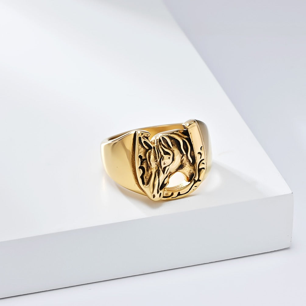 Kemstone Stainless Steel Horse Head Ring – Vintage Horseshoe Signet for Men K-R987