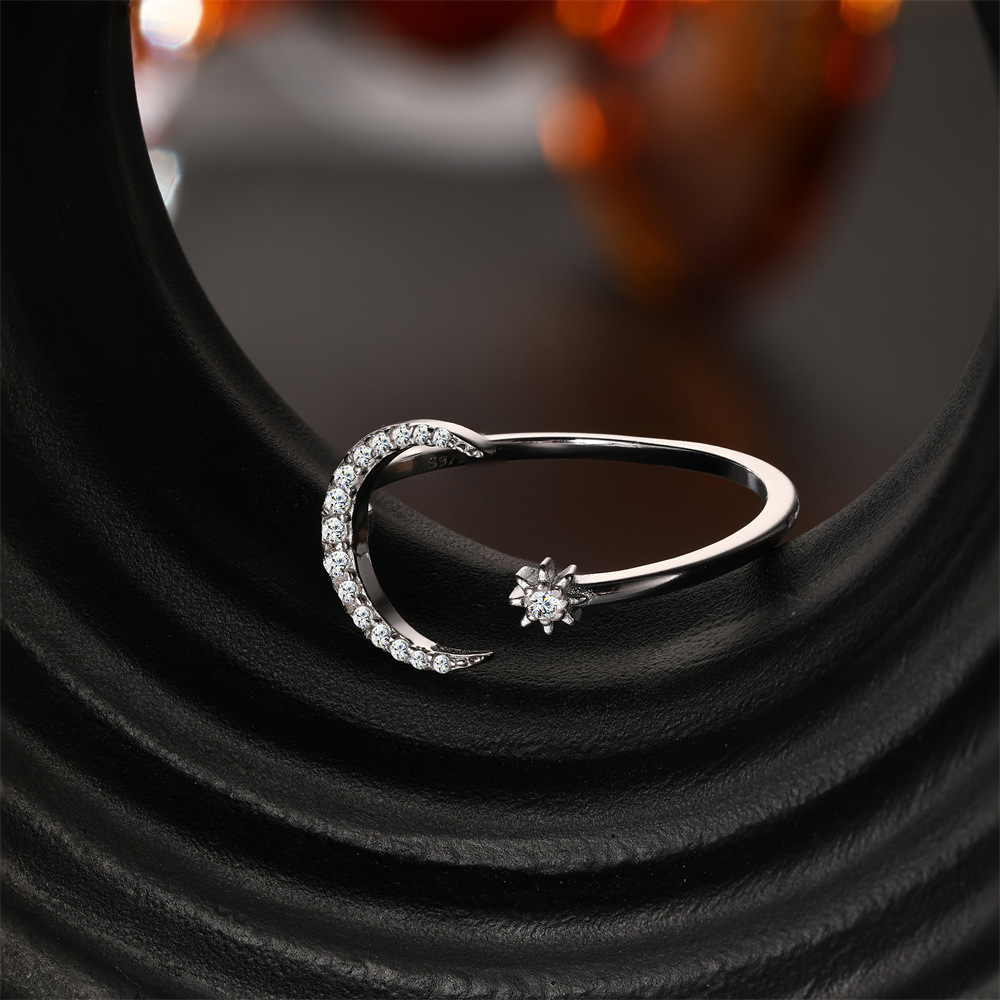 Kemstone S925 Sterling Silver Moon & Star Ring for Women – Adjustable Open Moissanite Stackable MG60100351904A