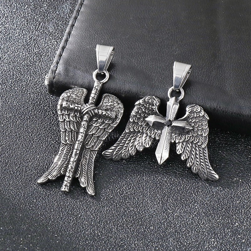 Kemstone Men’s Angel Wing Cross Necklace – Titanium Steel Gothic Pendant KP116184-MZOZ