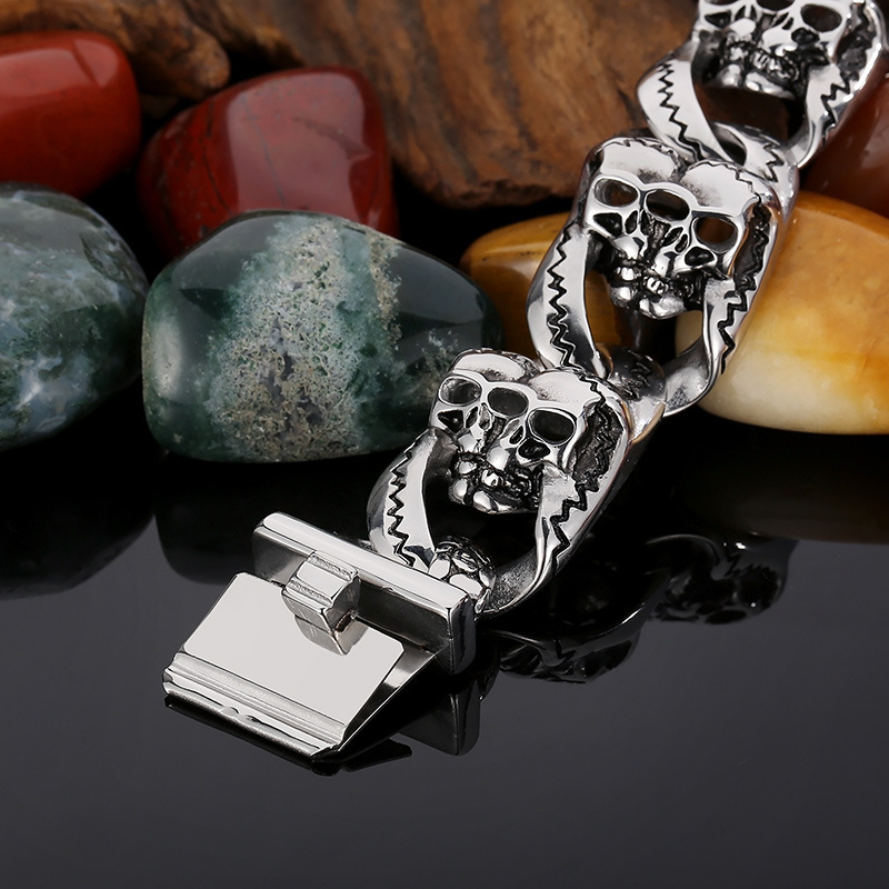 Kemstone Double Skull Titanium Steel Bracelet for Men – Heavy Vintage Chain KB29978