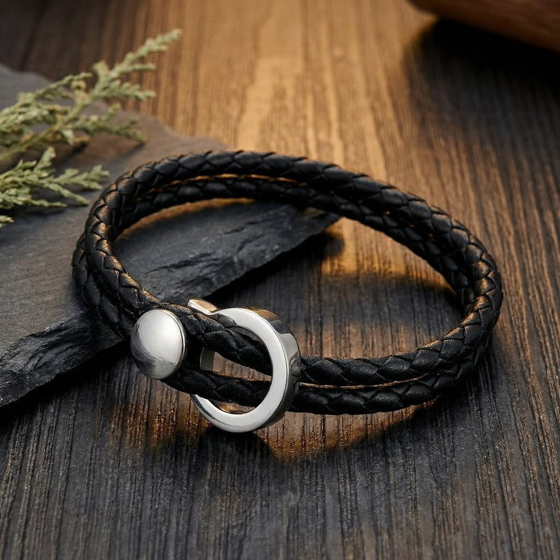 Kemstone Double Wrap Leather Bracelet for Men Titanium Steel Circle Clasp KB213788-GC