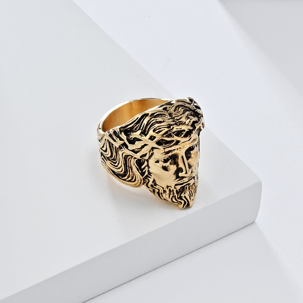 Kemstone Stainless Steel Vintage Portrait Ring for Men Sculpted Face Design K-R942