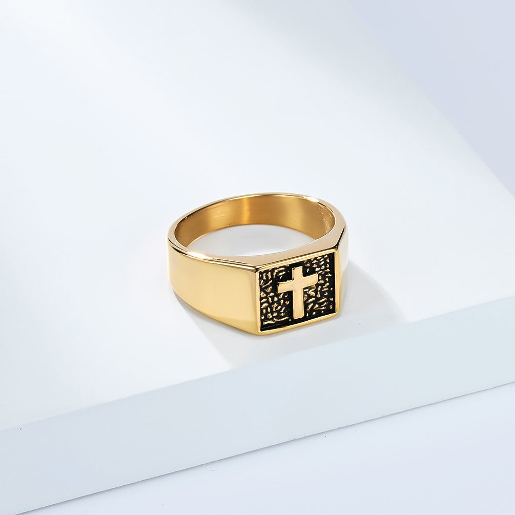 Kemstone Men’s Titanium Steel Cross Signet Ring – Silver, Gold, Black K-R1047
