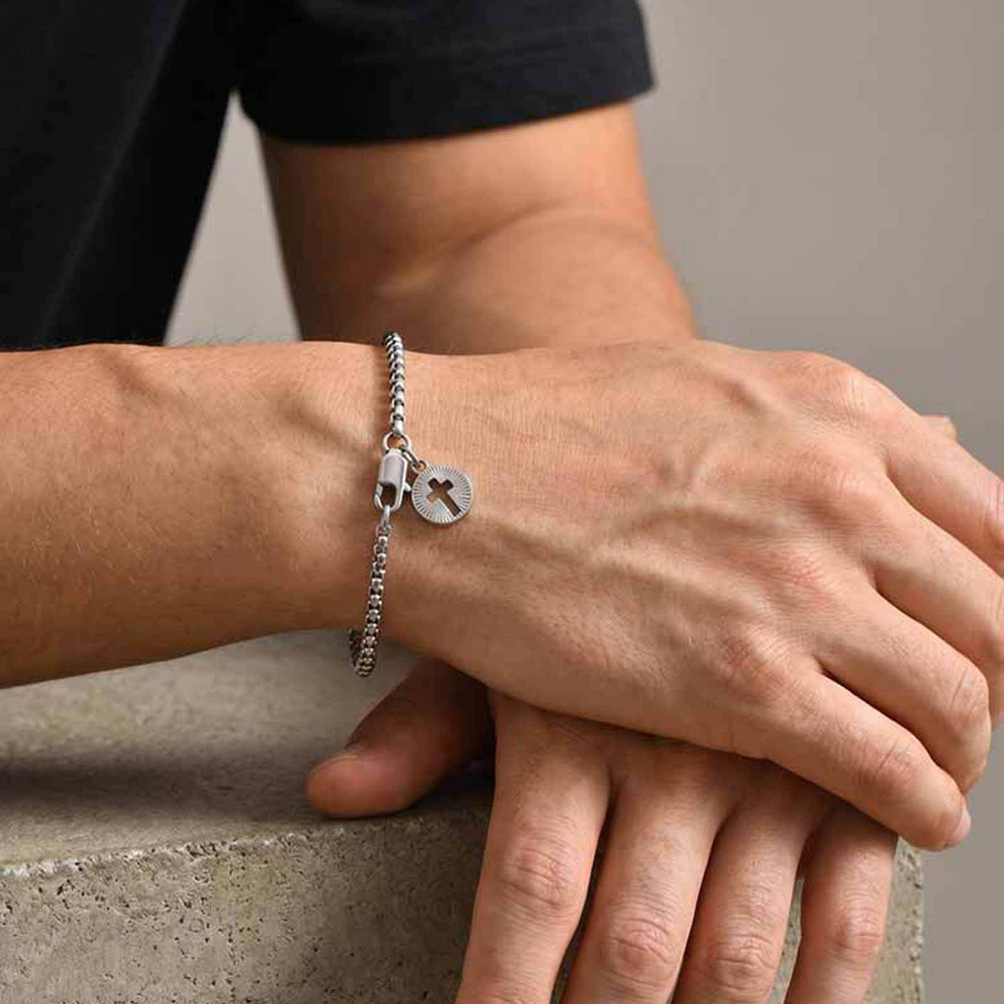 Kemston Stainless Steel Cross Charm Bracelet for Men Silver Round Tag BR-3102
