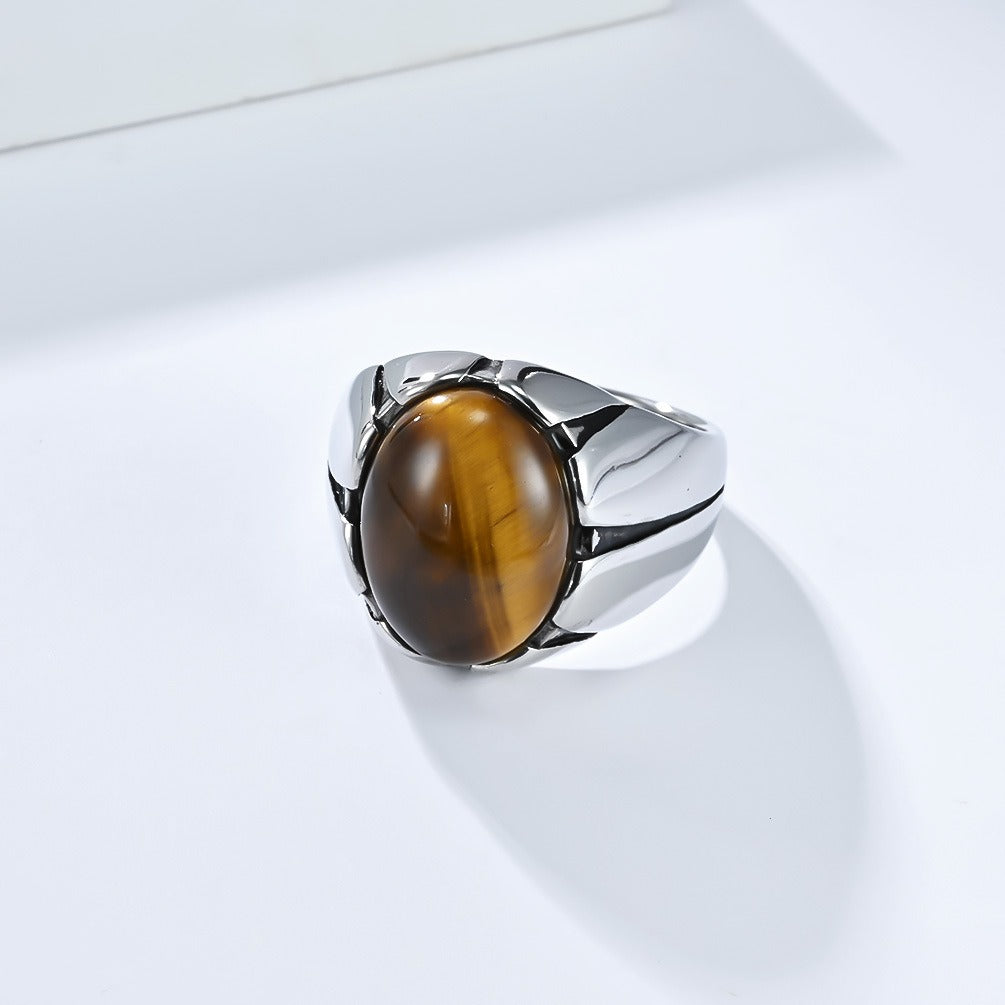 Kemstone Men’s Stainless Steel Oval Stone Ring – Black Stone & Tiger Eye K-R999