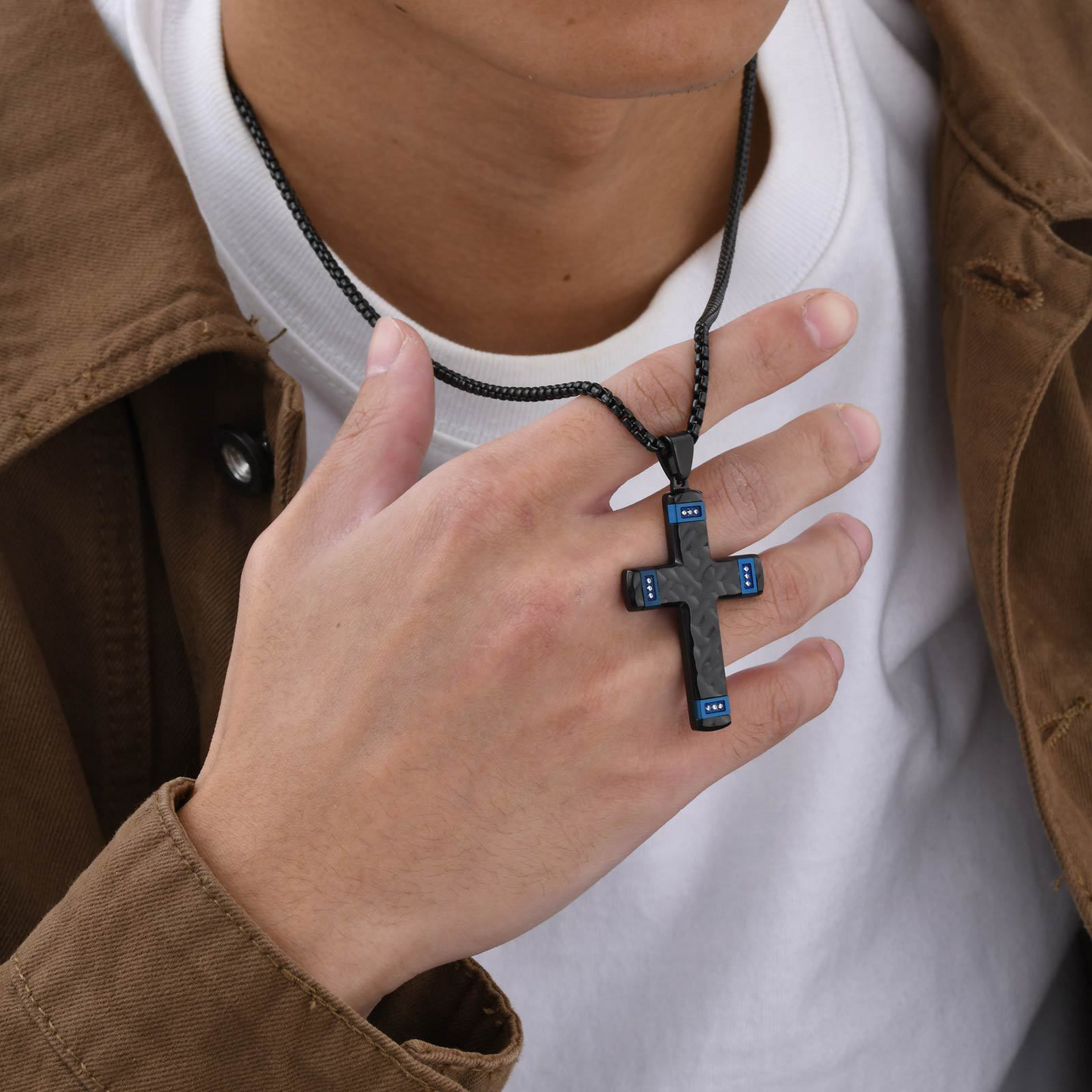 Kemstone Textured Cross Pendant Necklace for Men Stainless Steel Cubic Zirconia Accent PN-2104