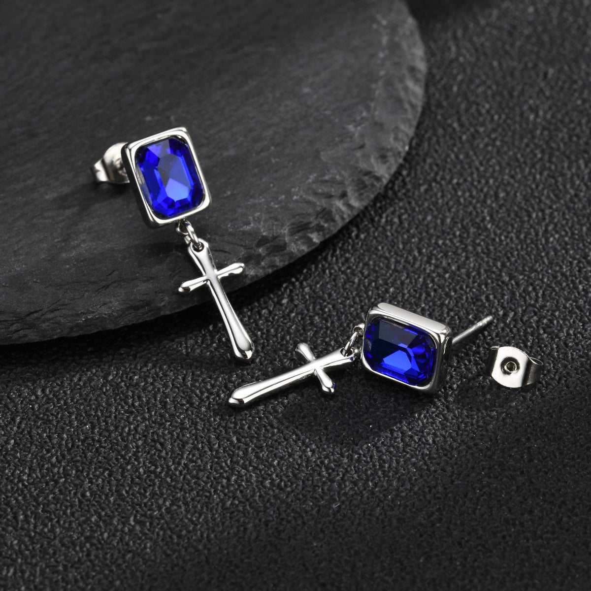 Kemstone Blue Crystal Cross Earring for Men Stainless Steel ED-1148