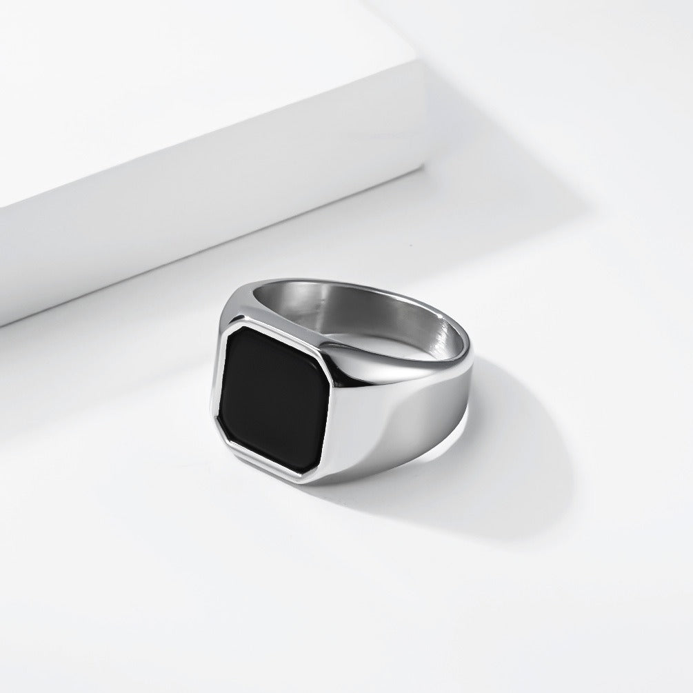 Kemstone Signet Ring for Men Titanium Steel Square Blue Black Stone Inlay KR1138