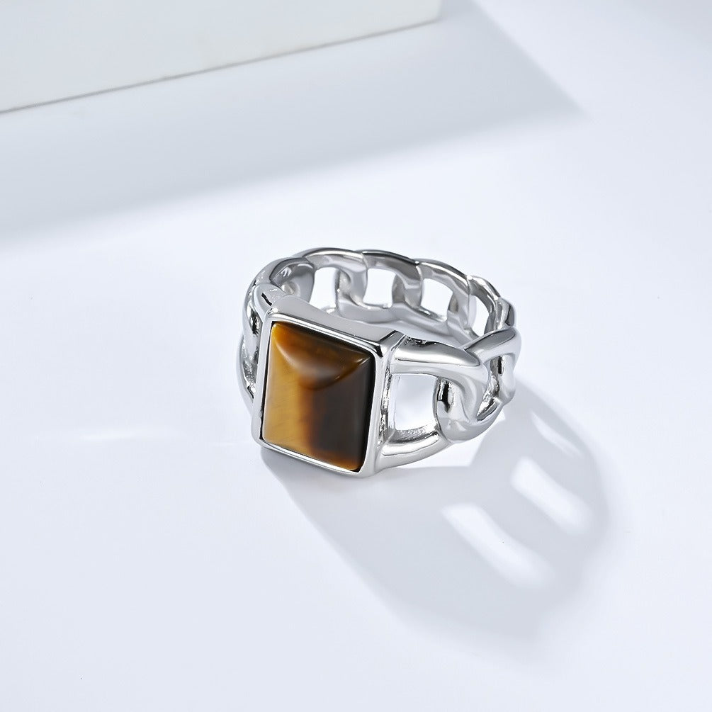 Kemstone Men’s Titanium Steel Cuban Chain Ring – Tiger Eye & Black Stone Jewelry K-R998