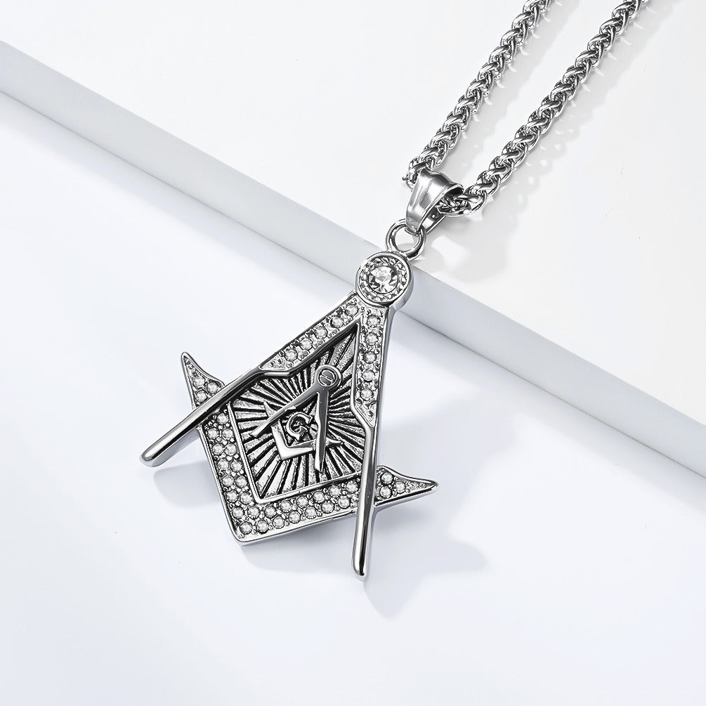 Kemstone Geometric Compass Pendant Necklace for Men Stainless Steel Stone Detail K-PT717