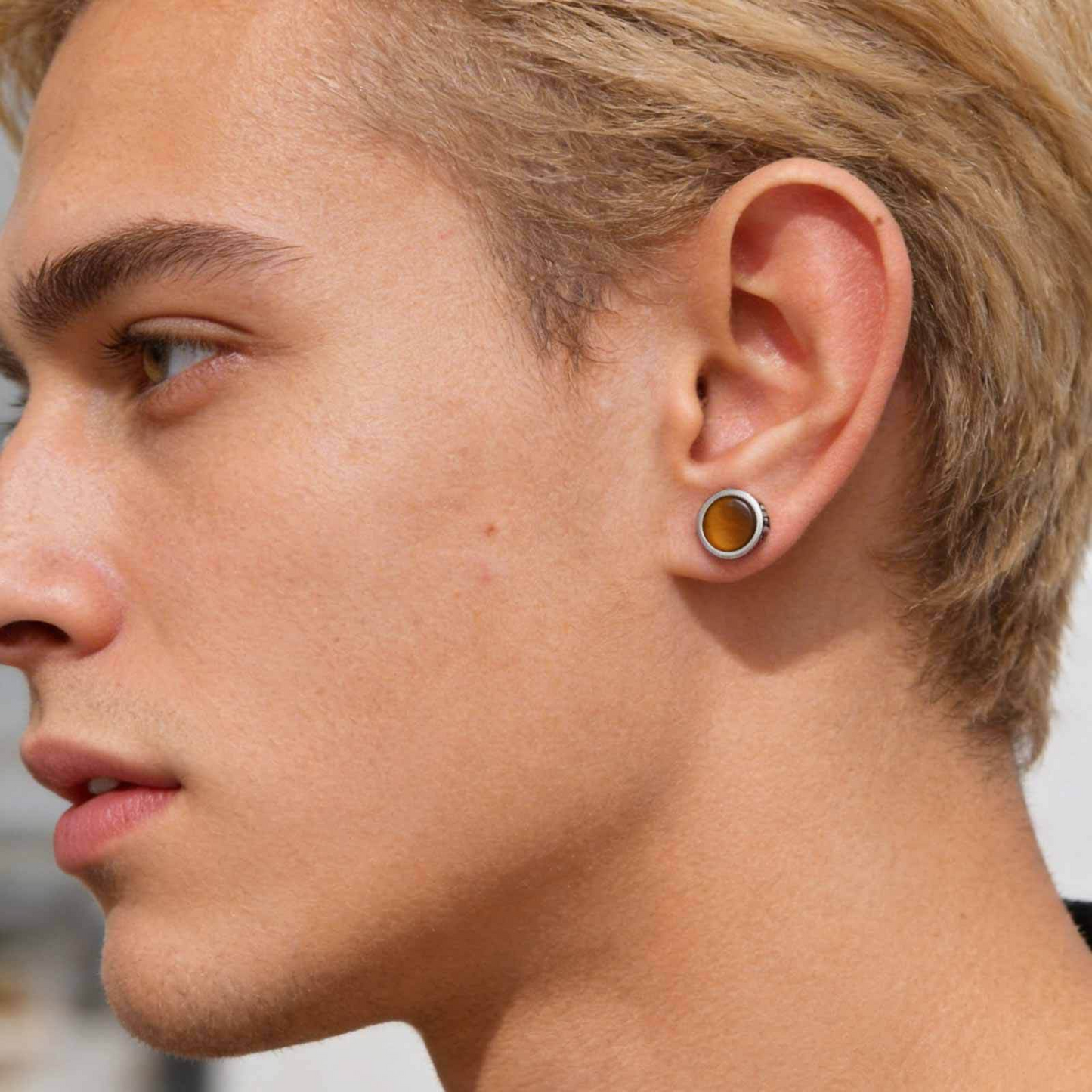 Kemstone Stainless Steel Tiger Eye Stud Earrings – Round Rune Edge Design for Men ES-784