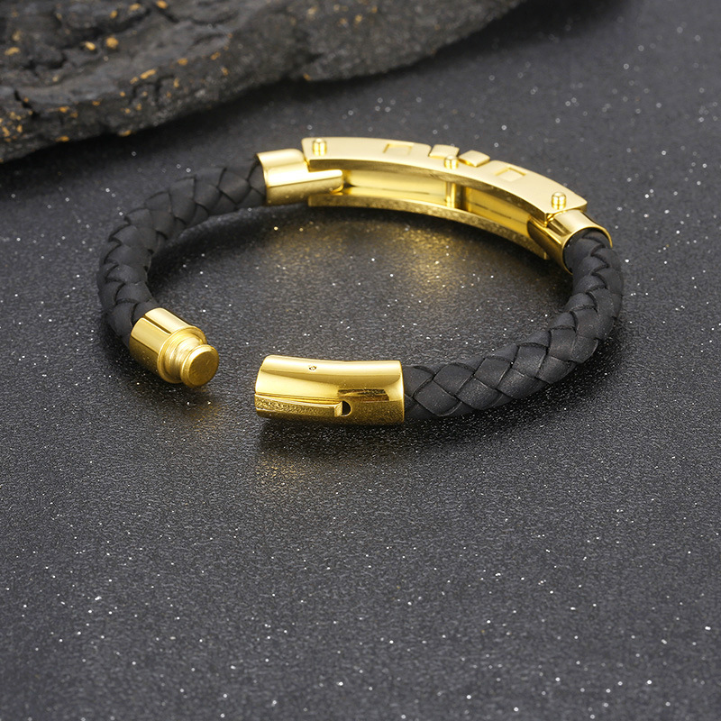 Kemston T-Bar Braided Leather Bracelet for Men Titanium Steel Stone Accent Gold Silver KB163596-KFC