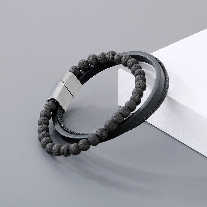 Kemstone Volcanic Rock Bracelet for Men Leather Stainless Steel Multi Layer KB180736-JR