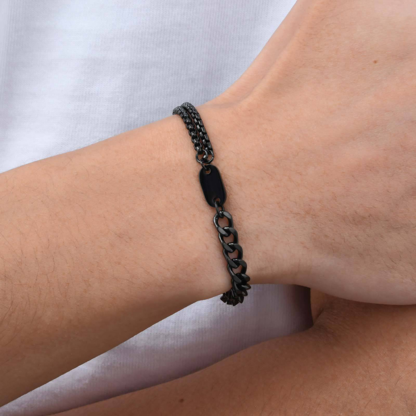 Kemstone Stainless Steel Double Chain Bracelet with Oval Plate for Men – Minimal Layered Link BR-1969