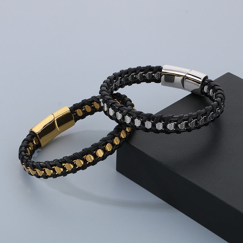 Kemstone Titanium Steel Braided Leather Strap Bracelet for Men Hip Hop Streetwear KB179967-YA