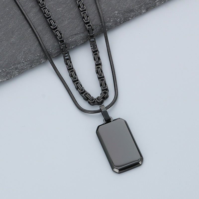 Kemstone Layered Rectangular Pendant Necklace for Men - Titanium Steel Double Chain KN283138-KFC