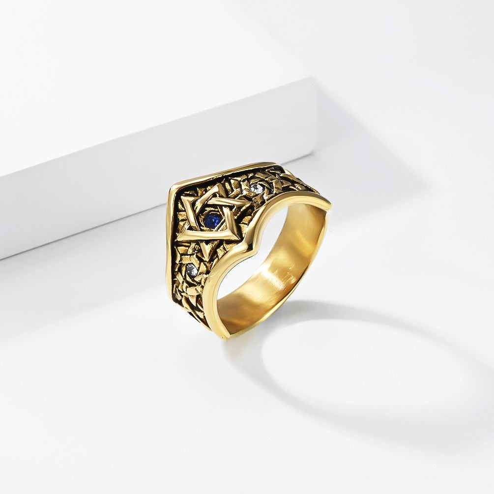 Kemstone Stainless Steel Hexagram Signet Ring for Men Cubic Zirconia Silver Gold Black K-R1152
