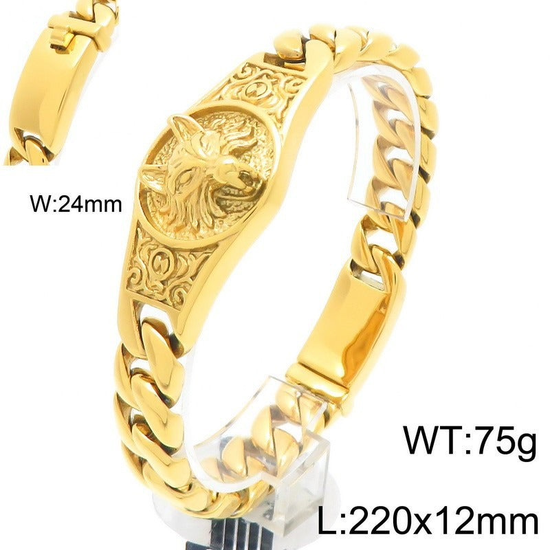 Kemstone Men’s Wolf Head Bracelet – Titanium Steel Cuban Chain 220mm KB205184-KJX