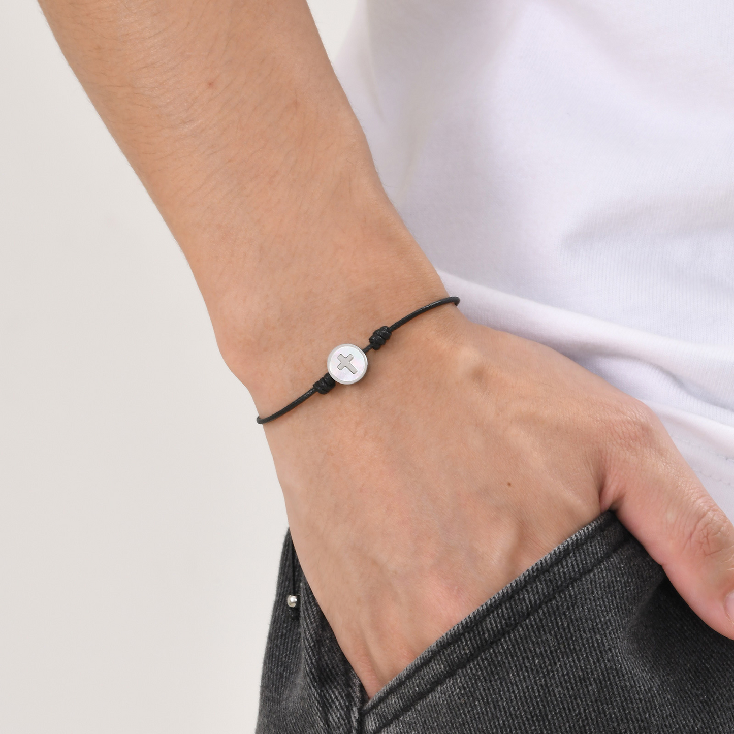 Kemstone Cross Bracelet for Men Stainless Steel Round Charm Adjustable Nylon Cord CB-195