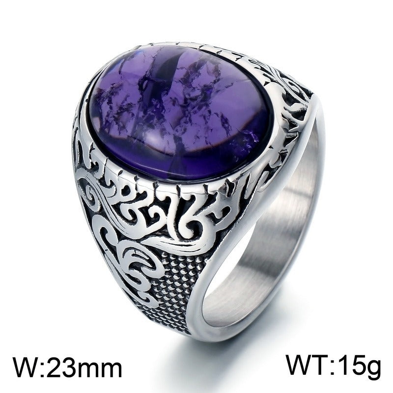 Kemstone Viking Rune Ring – Cracked Stone Titanium Steel Band for Men, Norse Mythology Gothic Style KR110138