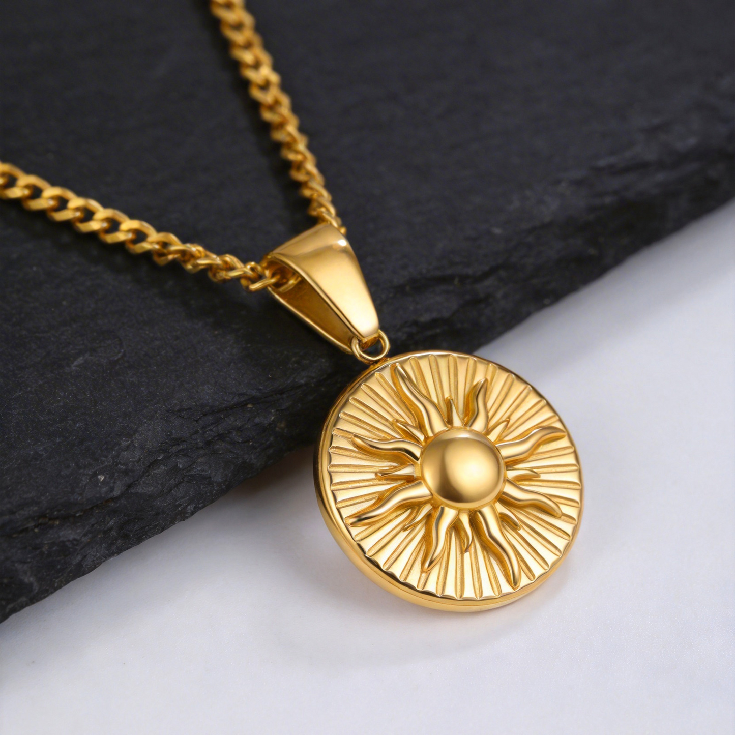 Kemstone Stainless Steel Sun Pendant Necklace for Men Round Disc Gold Silver PN-2306