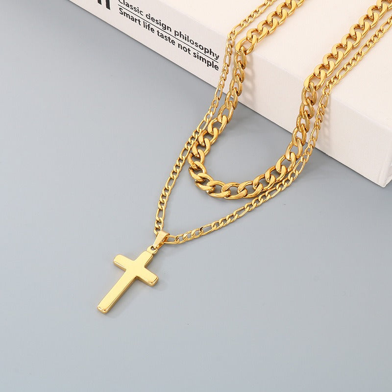 Kemstone Stainless Steel Cross Pendant Necklace for Men Layered NK Chain KN292217-Z