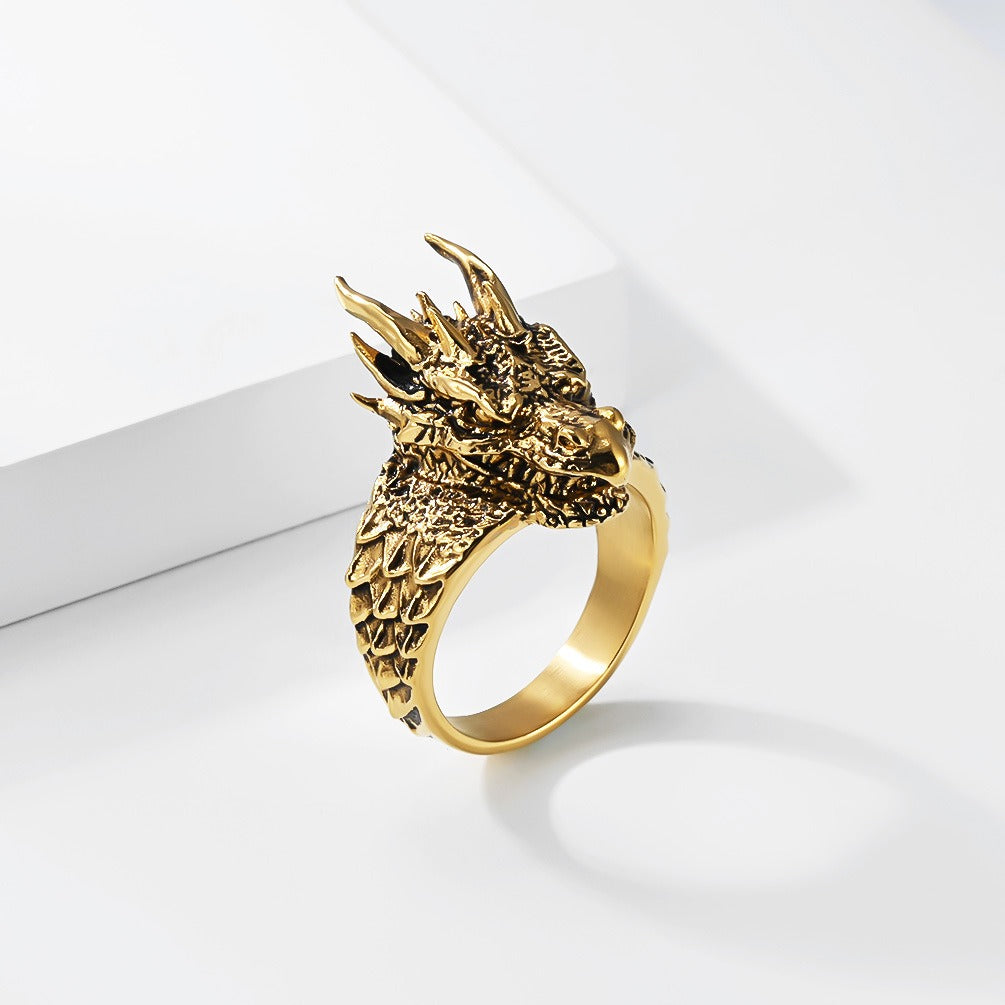 Kemstone Stainless Steel Dragon Head Ring – Gothic Vintage Style for Men K-R1150