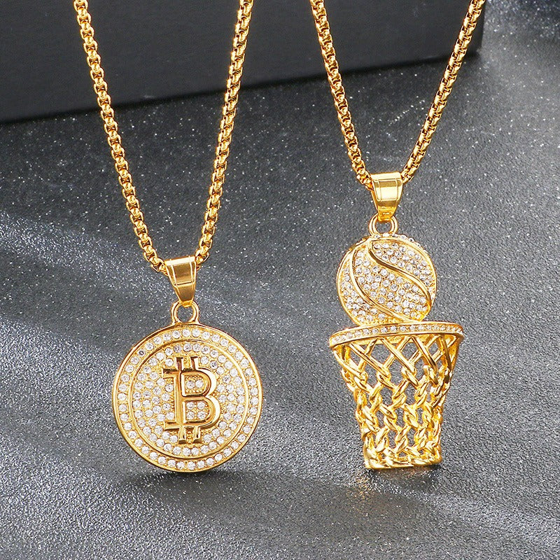 Kemstone Basketball Hoop Coin Pendant Necklace for Men – Rhinestone Titanium Steel Hip Hop Style KP117911-MZOZ