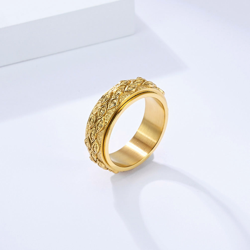 Kemstone Men’s Titanium Steel Spinner Ring – Vintage Evil Eye Silver Gold Black K-R10640