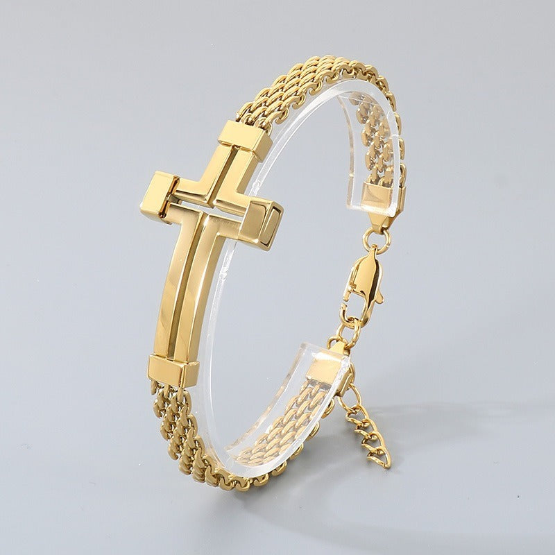 Kemstone Titanium Steel Hollow Curved Cross Bracelet for Men Adjustable Double Chain Gold Silver Black KB212800-KFC
