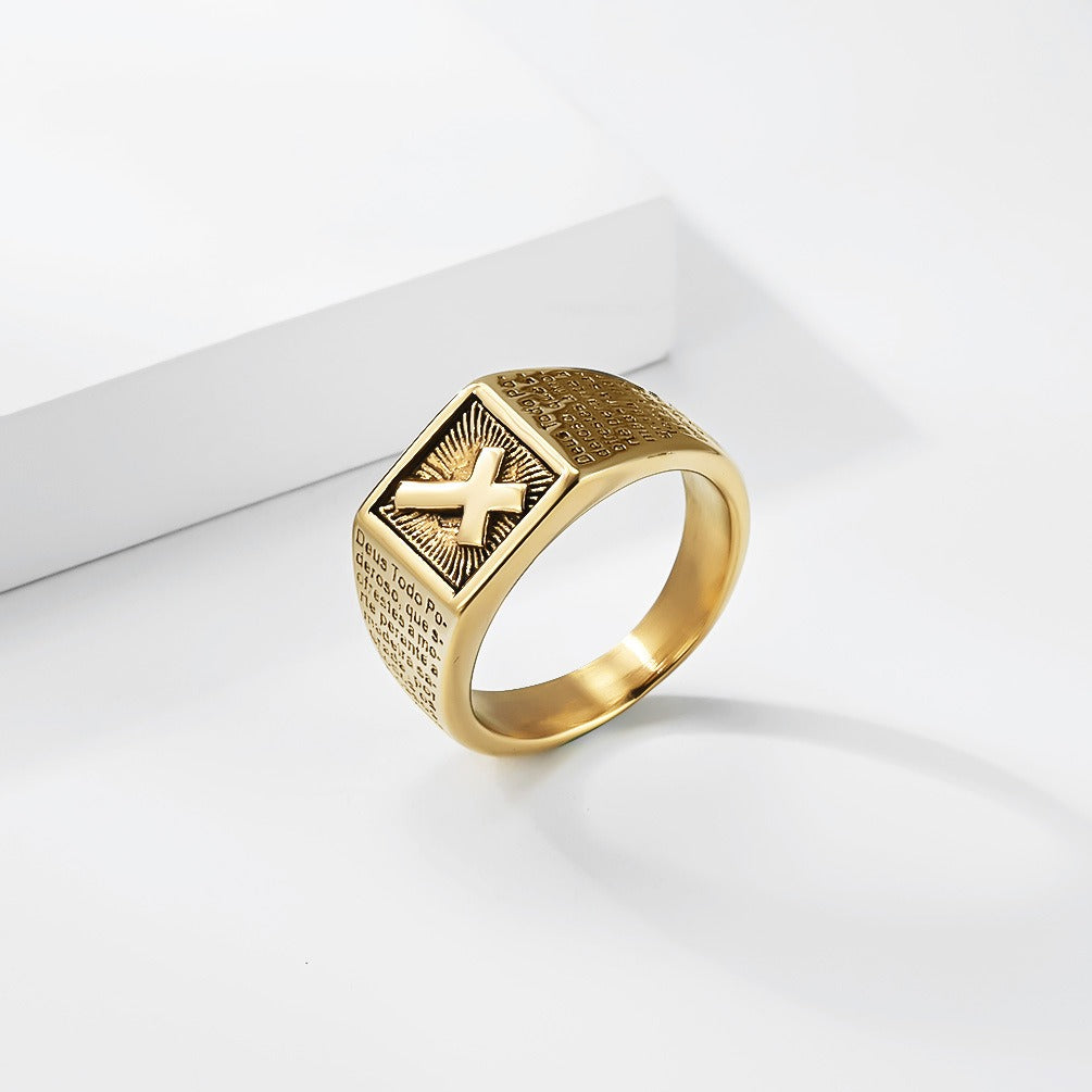 Kemstone Stainless Steel Cross Signet Ring for Men Engraved Text Vintage Rectangular Silver Gold Black K-R1141