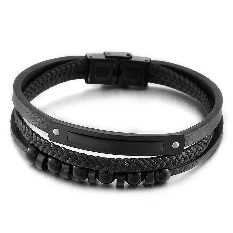 Kemstone Multi-Layer Braided Leather Bracelet for Men Beaded Titanium Steel KB147788-KLHQ