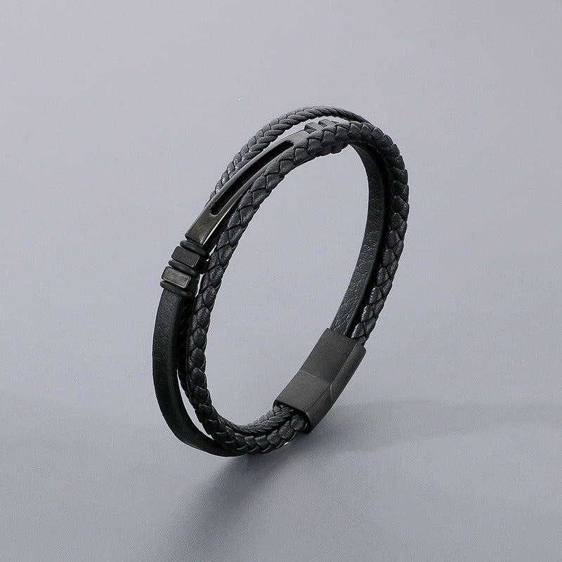 Kemstone Layered Braided Black Leather Bracelet for Men Titanium Steel Accent KB180741-JR
