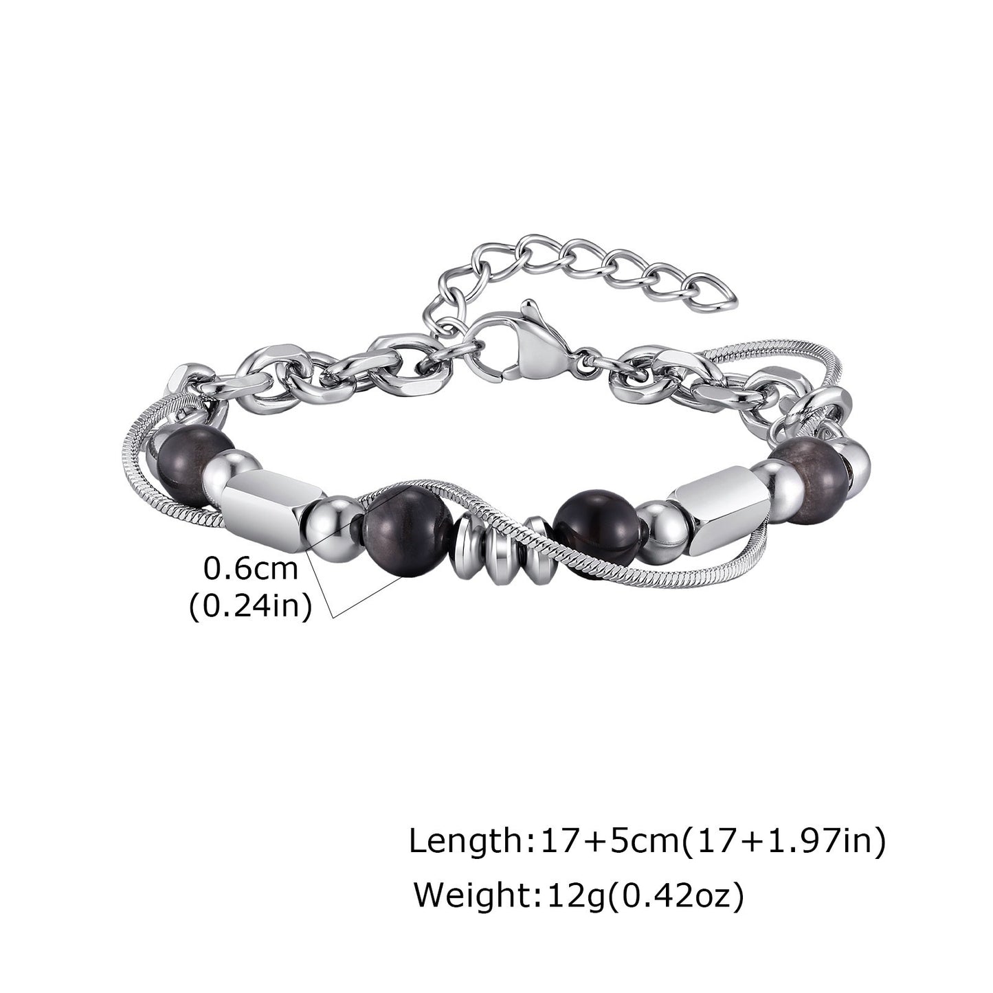 Kemston Stone Bead Bracelet for Men Stainless Steel Layered Design BR-2935