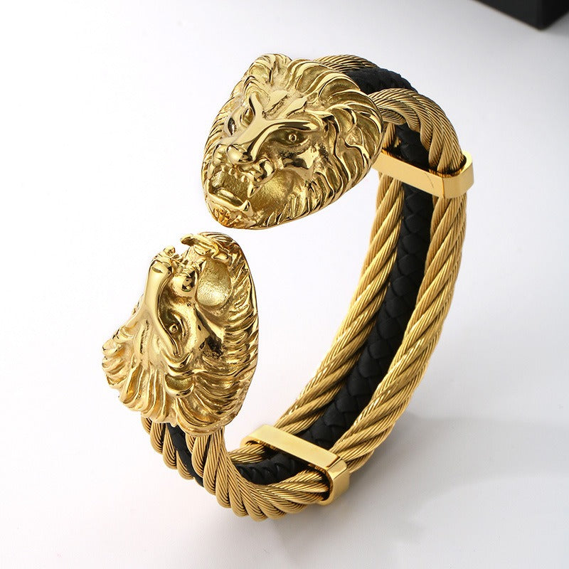 Kemstone Titanium Steel Lion Head Open Cuff Bracelet for Men – Steel Cable KB167192-KFC