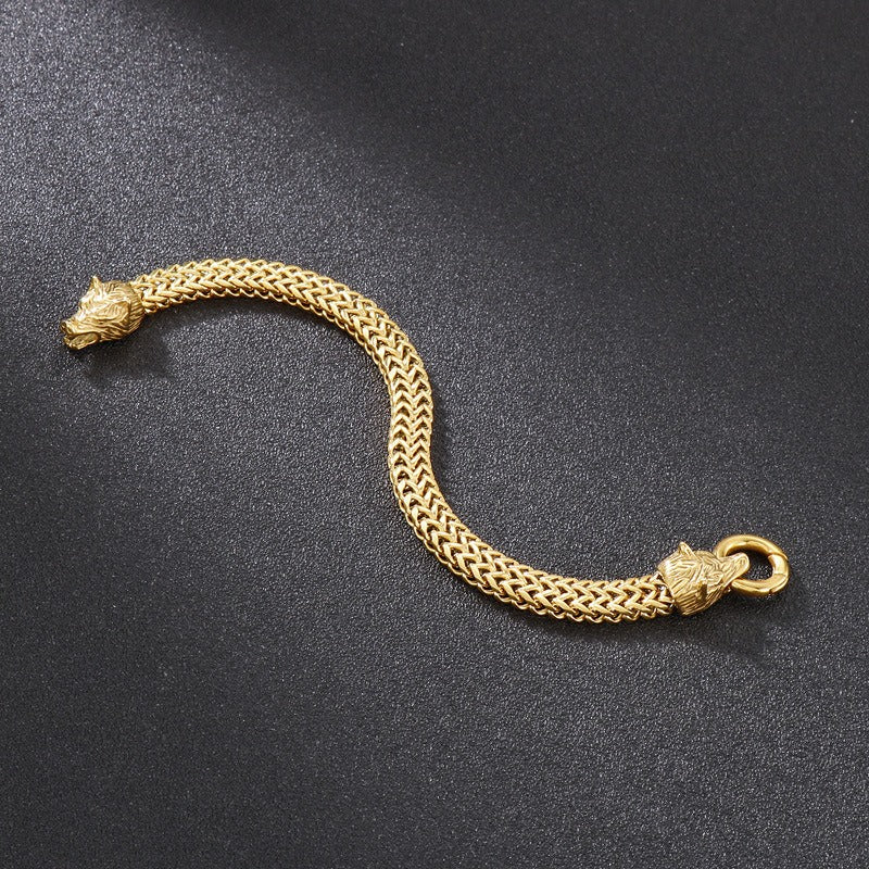 Kemstone Double Wolf Head Bracelet – Titanium Steel Braided Chain Hip Hop Style for Men KB151774-KFC