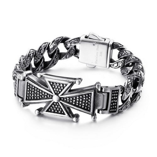 Kemstone Skull Cross Bracelet – Distressed Titanium Steel with Zircon Inlays | Gothic Punk Jewelry for Men KB112525-BD