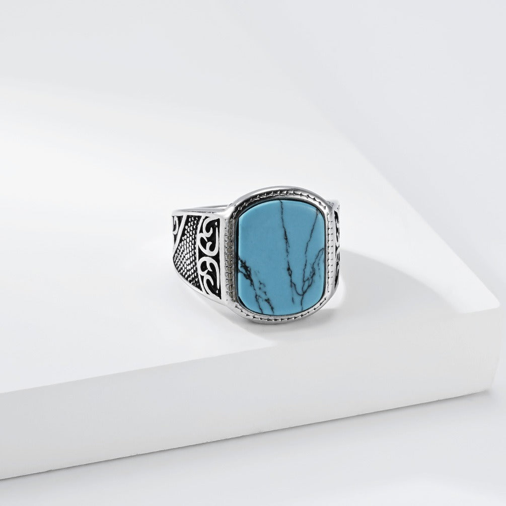 Kemston Vintage Signet Ring for Men Stainless Steel Square Stone Engraved Design K-R1197
