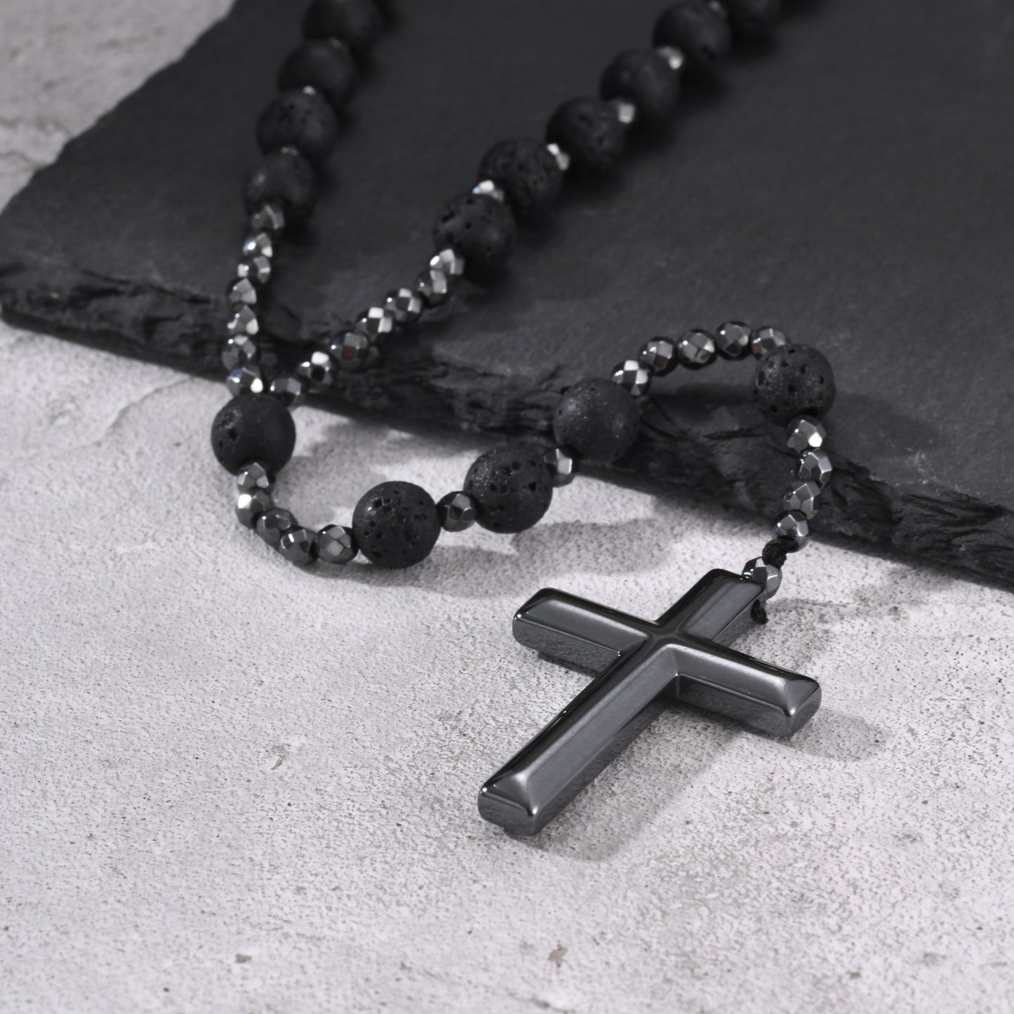Kemstone Tiger Eye Beaded Cross Necklace for Men Lava Stone Stainless Steel Pendant NC-3017