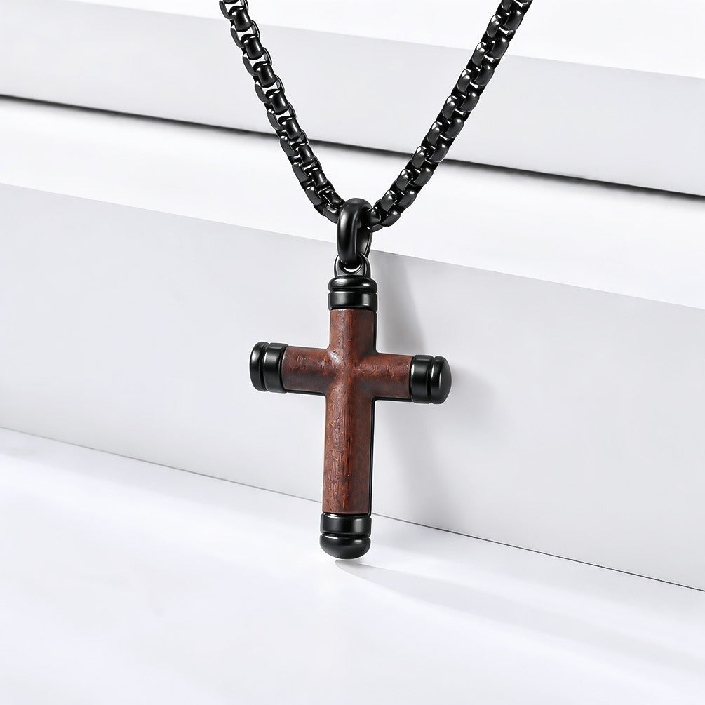 Kemstone Wood Inlay Cross Necklace for Men Stainless Steel Pendant K-PT737