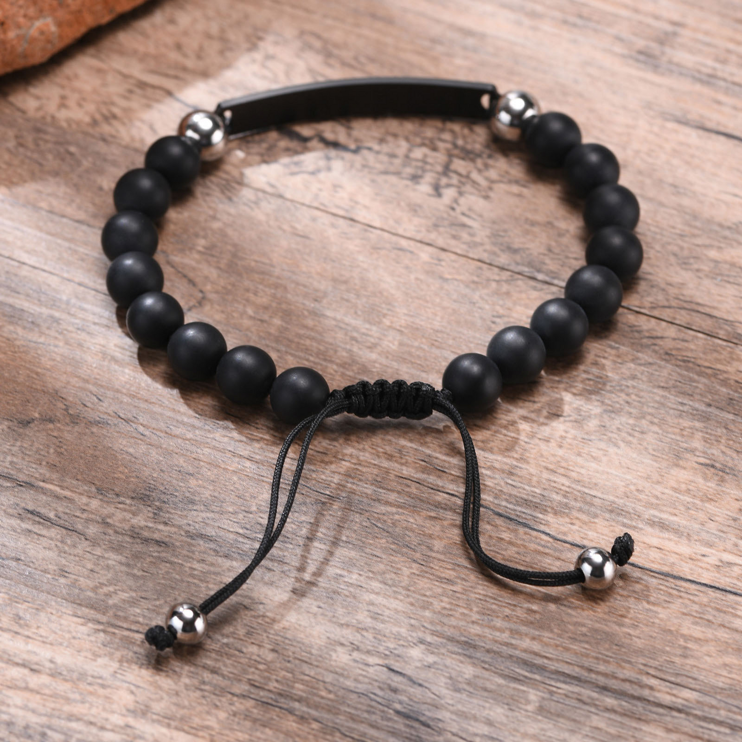 Kemstone Curved Bar Black Onyx Beaded Bracelet for Men – Adjustable Nylon Cord BR-610