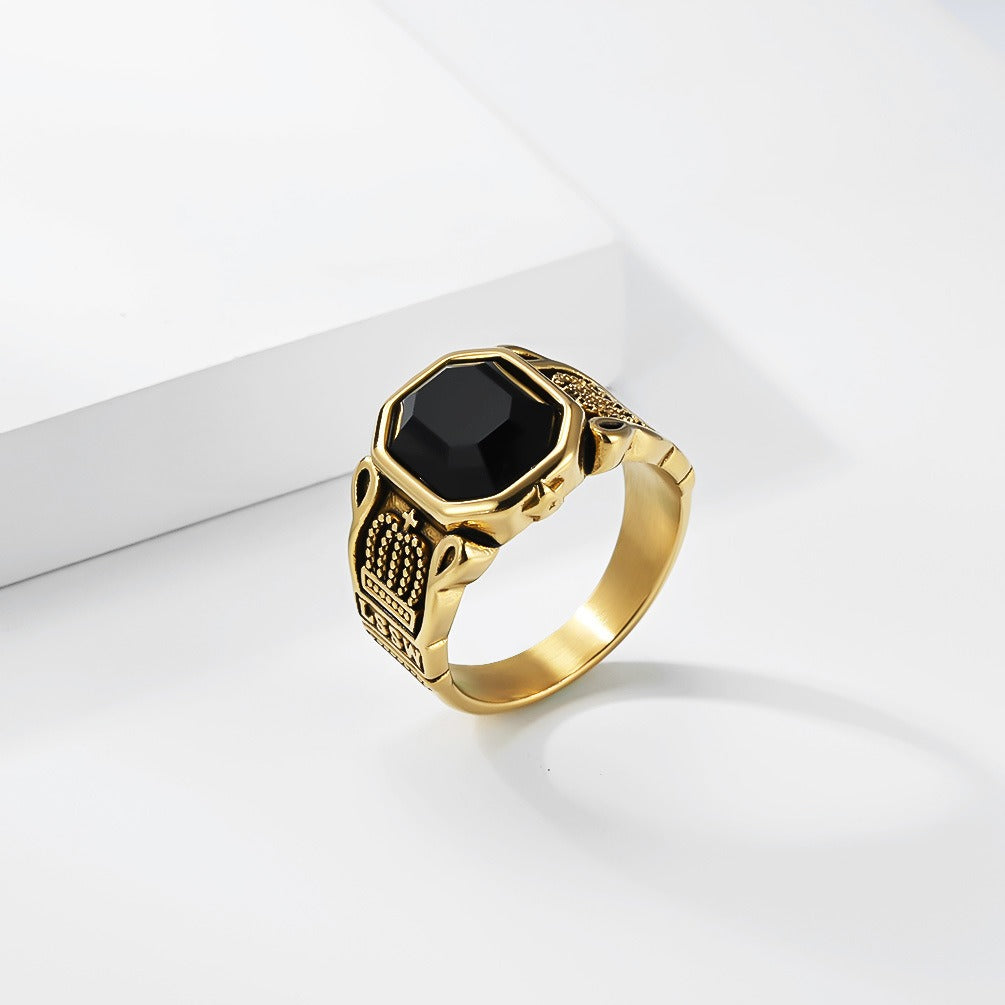 Kemstone Black Stone Signet Ring for Men Stainless Steel Crown Detail Vintage Silver Gold K-R1144