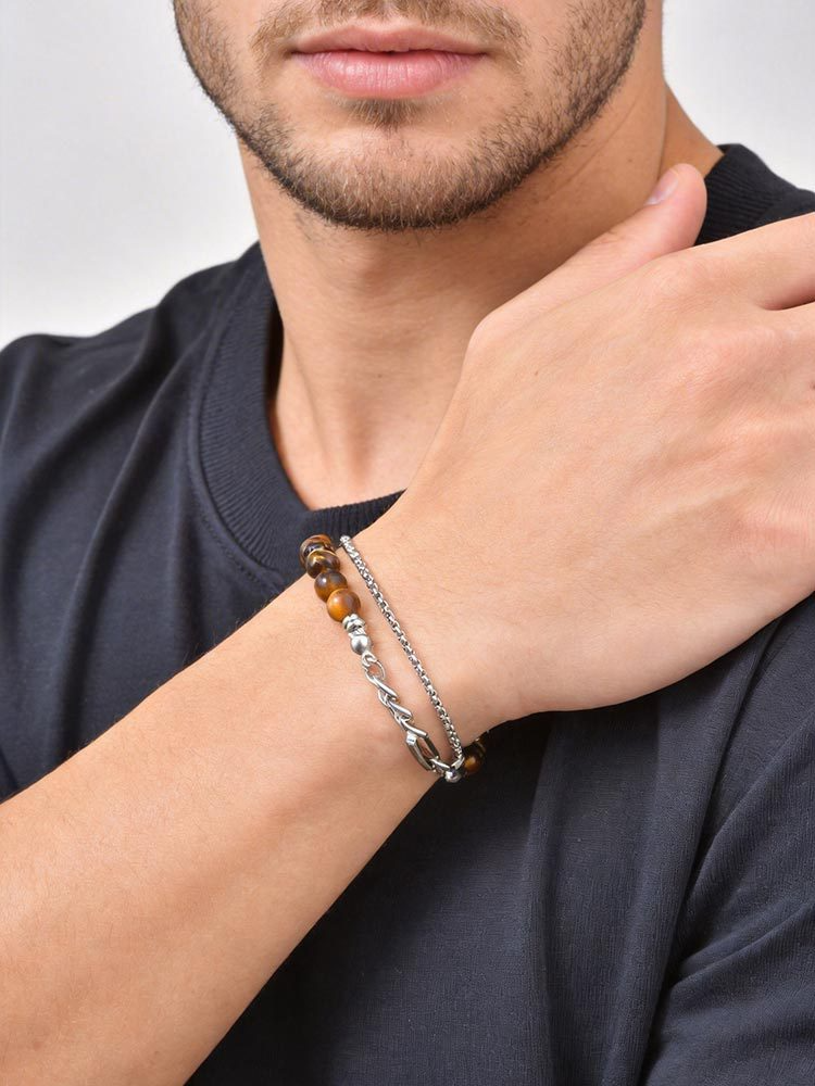 Kemstone Tiger Eye Beaded Bracelet for Men Stainless Steel Layered Chain BR-2922