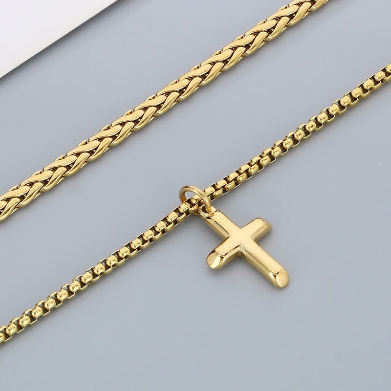 Kemstone Titanium Steel Cross Pendant Necklace for Men, Layered Box Chain Double Chain Gold Silver Black KN283141-KFC