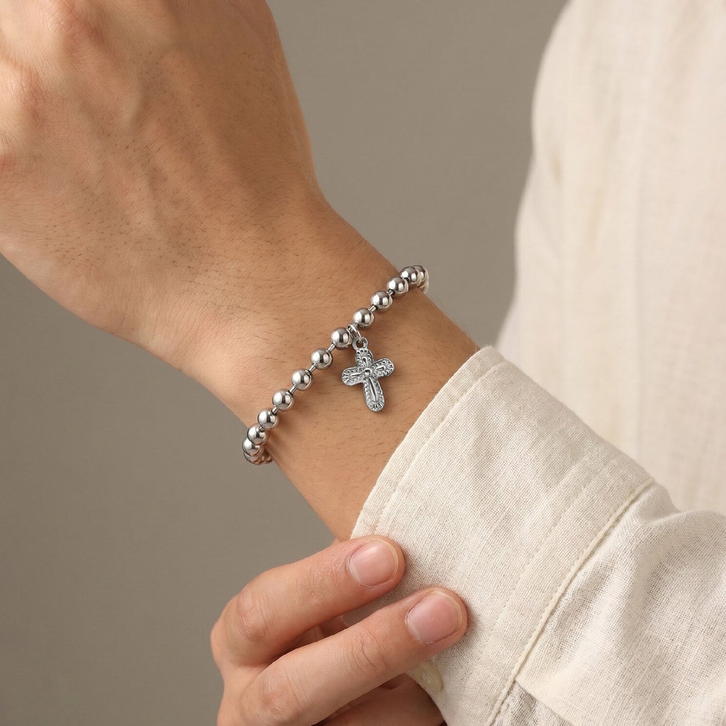 Kemstone Stainless Steel Cross Beaded Bracelet for Men Women Silver BR-2943