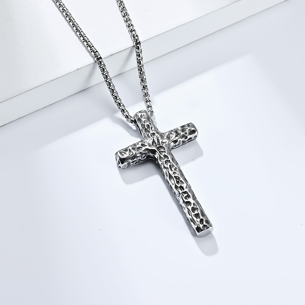 Kemstone Stainless Steel Cross Pendant Necklace for Men Hammered Textured Vintage K-PT504