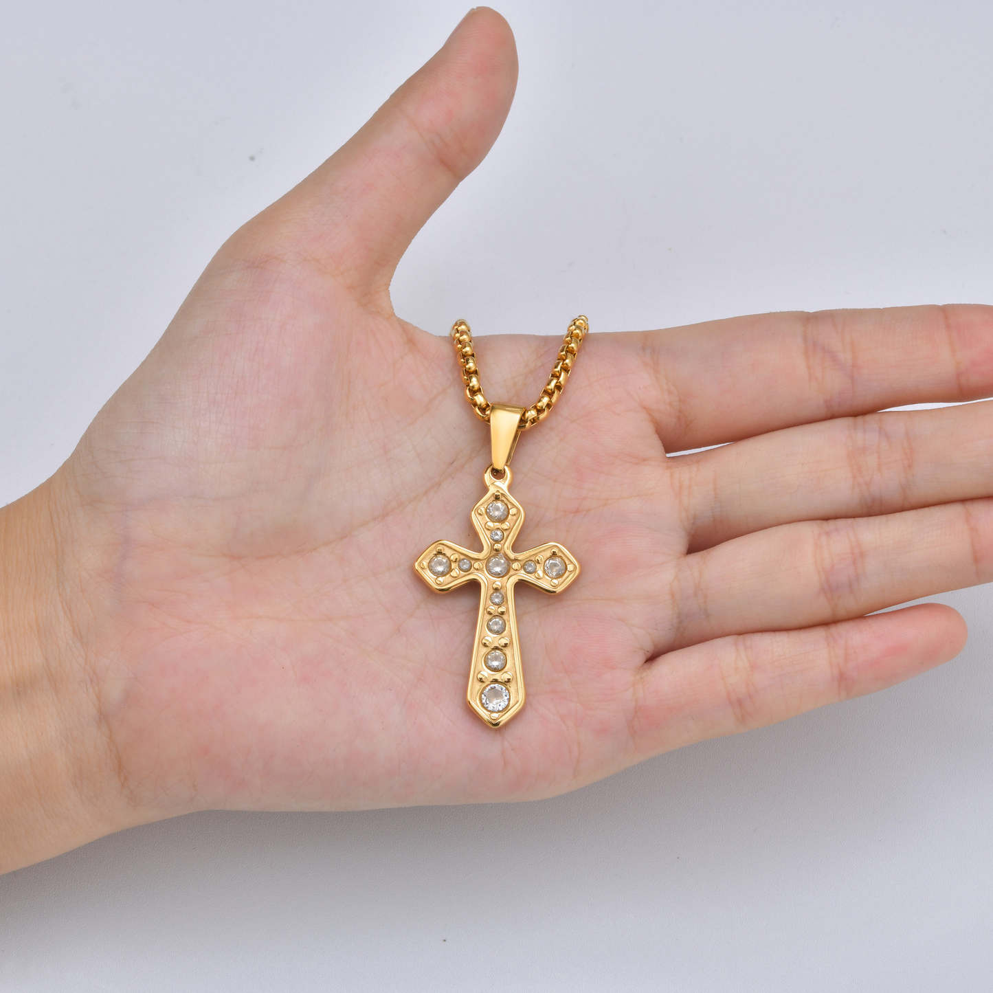 Kemstone Cross Pendant Necklace for Men Gold Plated Stainless Steel Cubic Zirconia Vintage Chain PN-2288