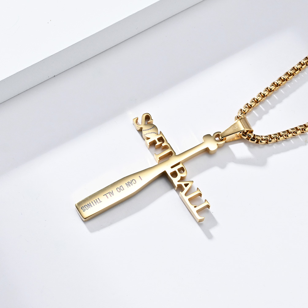 Kemstone Softball Cross Pendant Necklace for Men Stainless Steel Baseball Letter Detail K-PT512