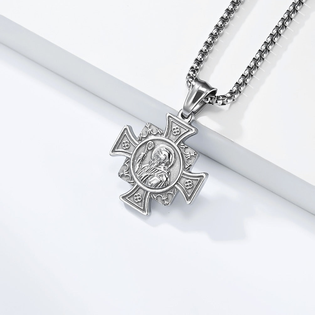 Kemstone Titanium Steel Cross Pendant Necklace for Men Vintage Engraved Medallion Silver Gold Black K-PT710